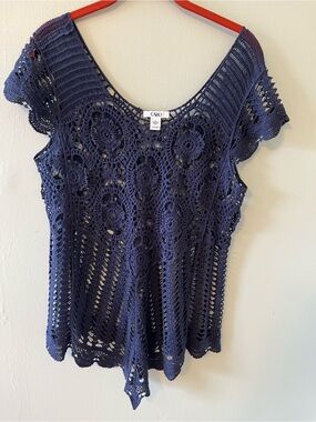 Cato Navy Crochet Openwork Scoop Neck Tunic Top 100% cotton Whimsical Boho